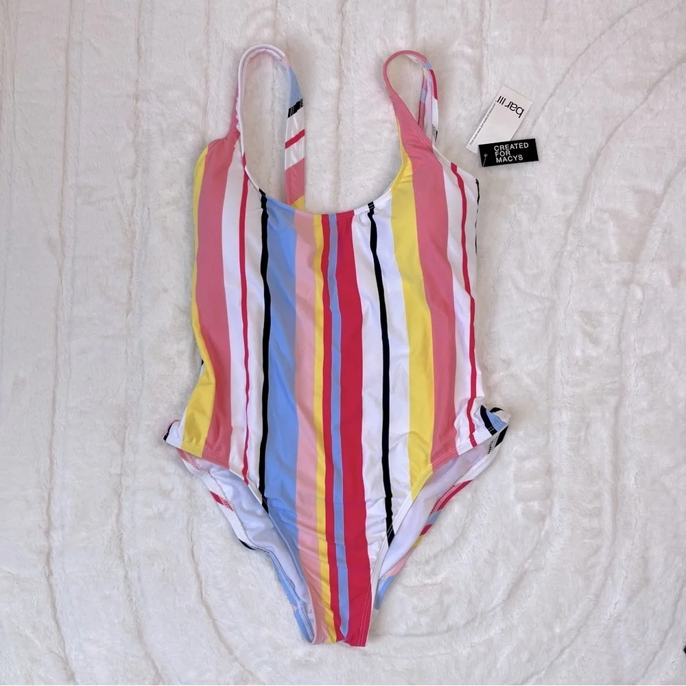 Bar III Stripe High Leg Cheeky One Piece Swimsuit NWT Minor Flaw Sz L - Picture 1 of 7
